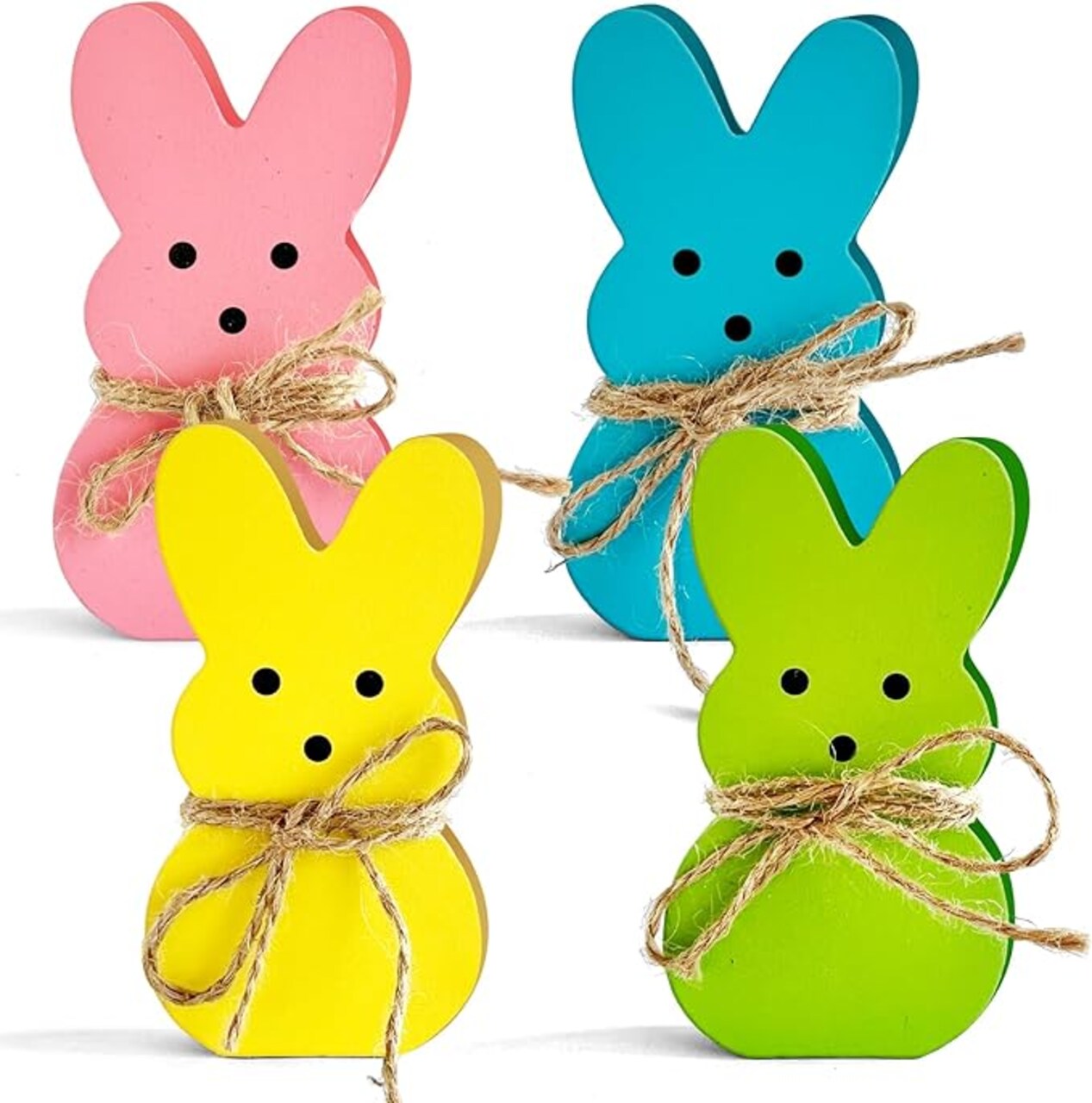 4 Pack Easter Day Bunny Peeps Table Decorations - 4.6x2.4 Inches Cute Wooden Rabbit Tiered Tray & Tabletop Centerpieces, Rustic Farmhouse Sign Basket Gifts Decor